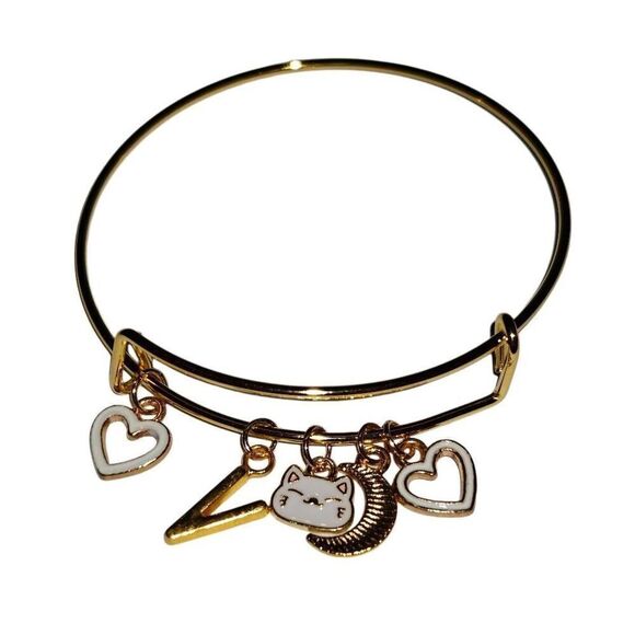 Gold Cat Charm Letter V Adjustable Bangle Bracelet - Picture 1 of 2